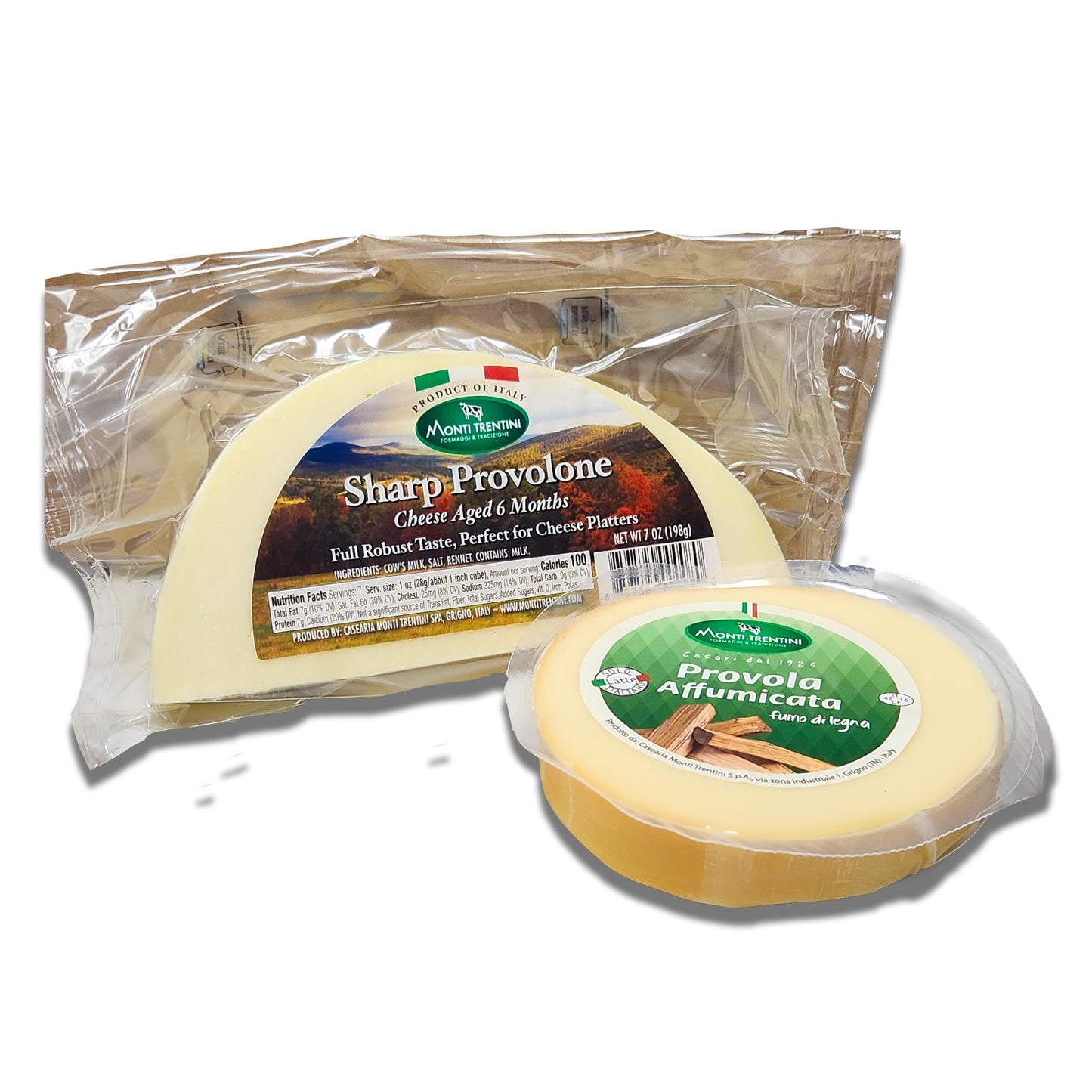 Italian Provolone Cheese Sampler - Monti Trentini Sharp Provolone & Provola Affumicata (2 × 7oz Wedges)