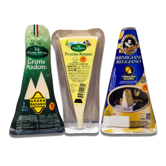 Italian Grating Cheese Sampler - Parmigiano Reggiano DOP, Grana Padano DOP & Pecorino Romano DOP (3-Pack Wedges)