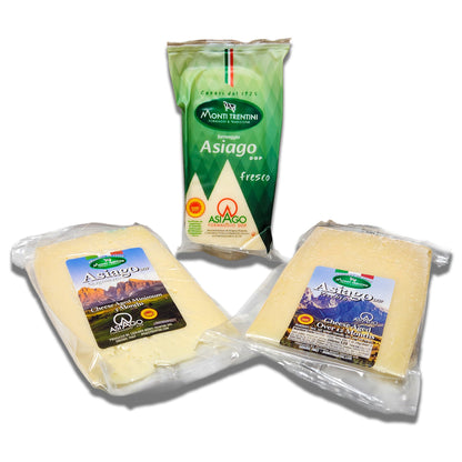 Italian Asiago Cheese Sampler - Monti Trentini Asiago Fresco DOP, Stagionato DOP & Vecchio DOP (3 × 7oz Wedges)