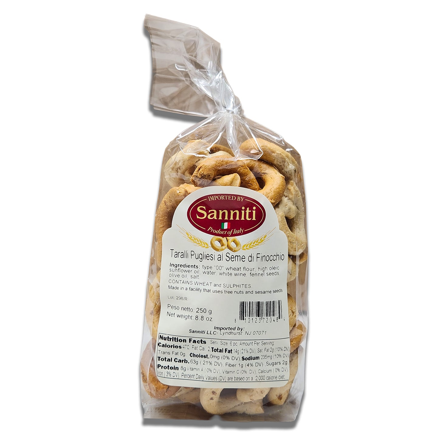 Sanniti Taralli with FENNEL Seeds - Traditional Italian Snack Rings from Puglia, 250g Bag