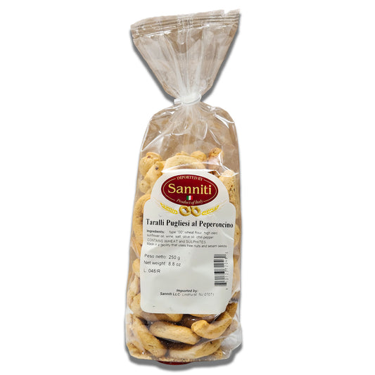 Sanniti Taralli Peperoncino with CHILI PEPPER - Traditional Italian Snack Rings from Puglia, 250g Bag