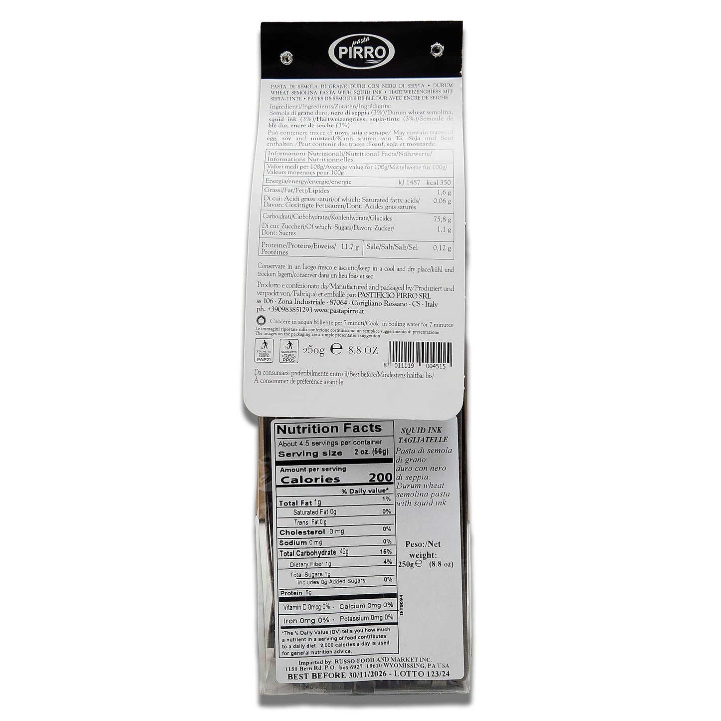 Pirro Squid Ink Tagliatelle Pasta – 8.8 oz (250g)