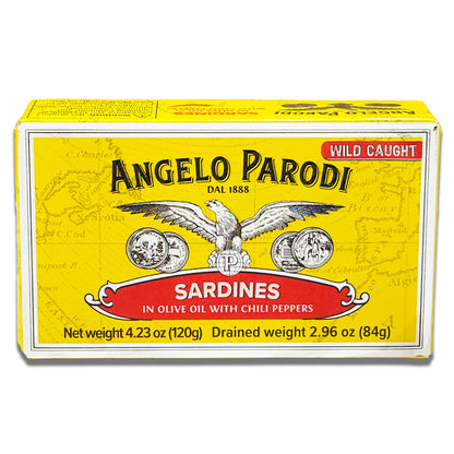 Angelo Parodi Spicy Sardines in Olive Oil - Wild Caught Portuguese Sardines with Chili Peppers - Imported From Italy