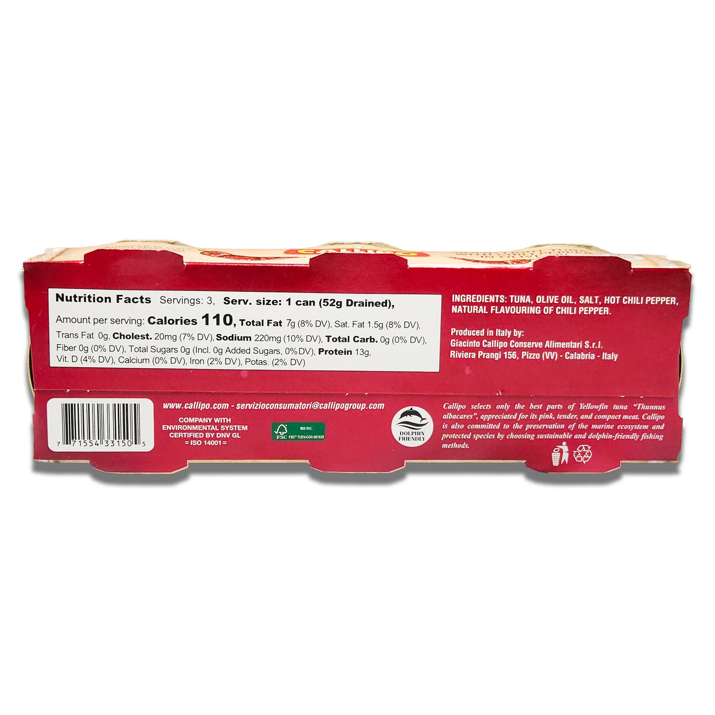 Callipo Solid Light Tuna in Olive Oil with Chili Pepper - 3 x 2.8oz (80g) Cans