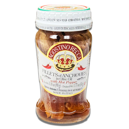 Agostino Recca Fillets of Anchovies in Olive Oil with HOT PEPPER - Premium Italian Seafood, 90g Jar