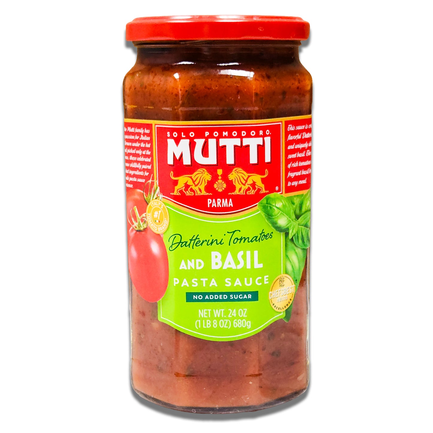 Mutti Basil Pasta Sauce - Authentic Italian Tomato Sauce with Fresh Basil, 24oz Jar