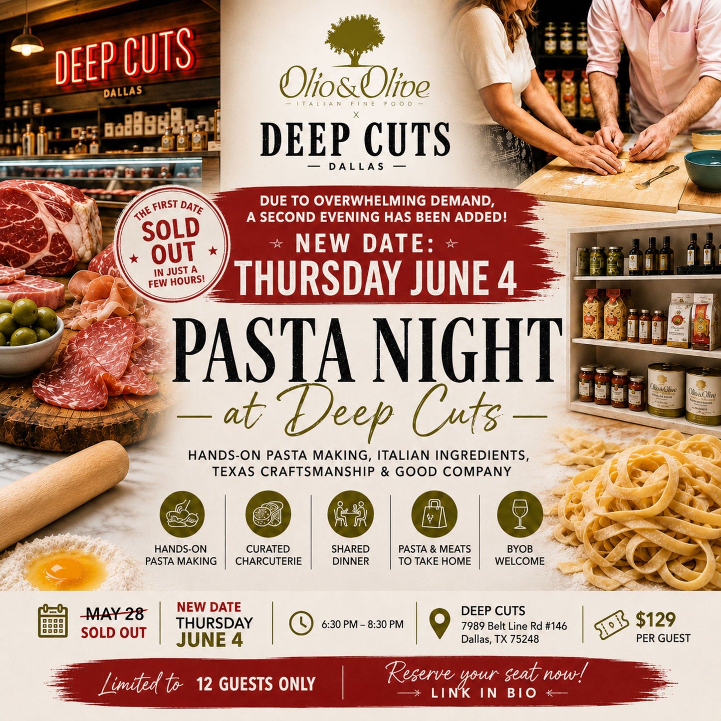 Pasta Night at Deep Cuts Dallas - Handmade Tagliatelle, Charcuterie & Texas Craftsmanship - Second Date Added - Thursday June 04 at 6.30PM