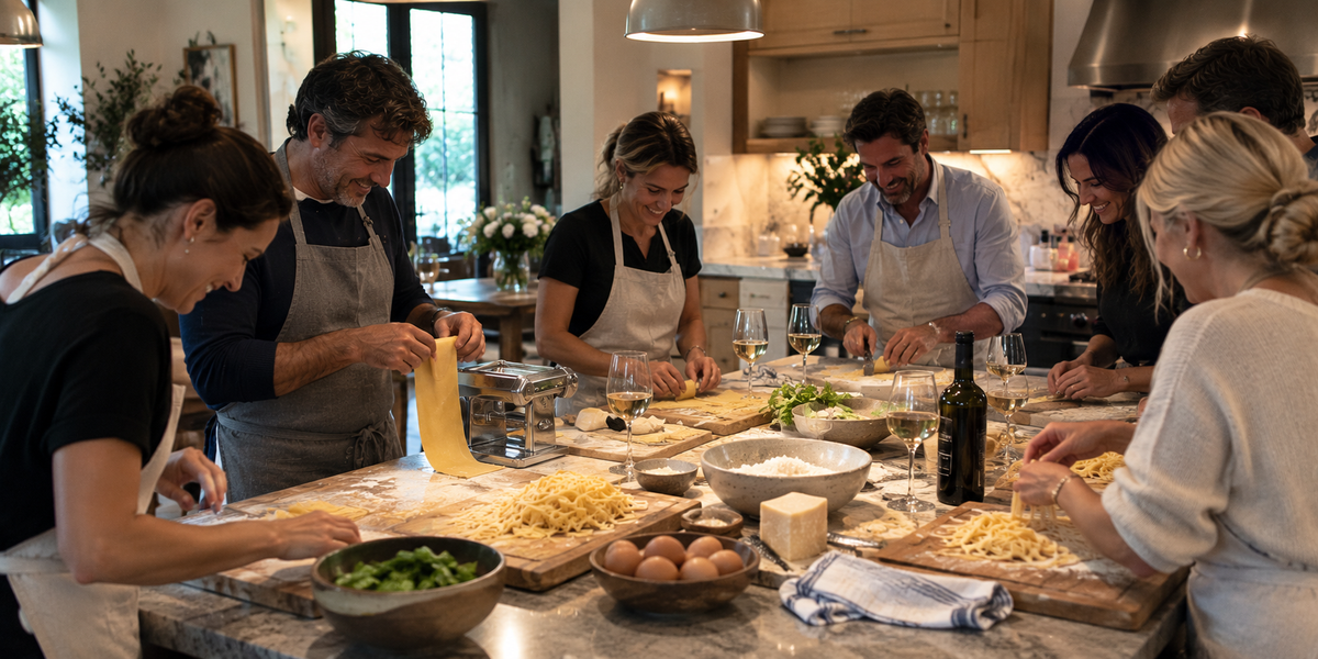 Friends making fresh Italian pasta together during a private at-home cooking experience