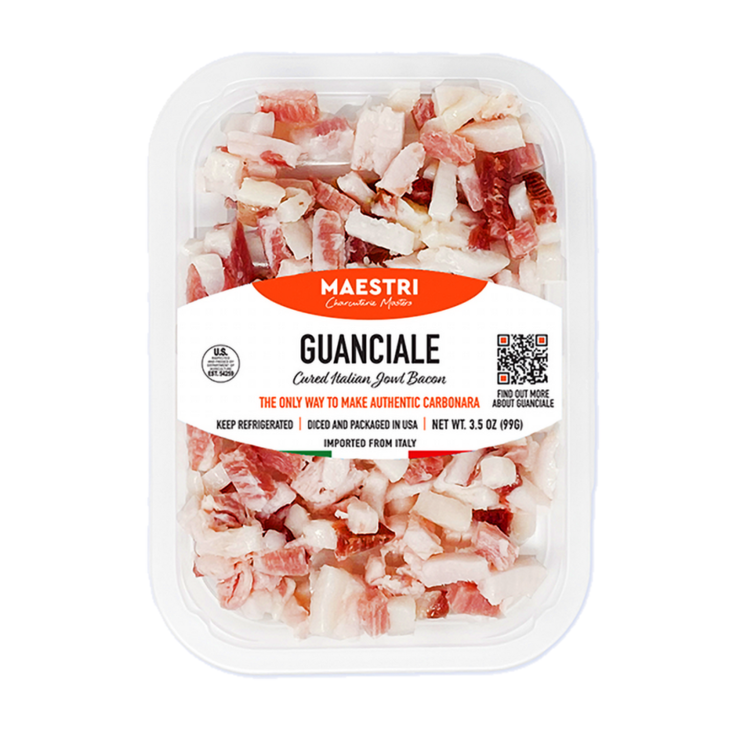 Maestri Italian Guanciale Strips 3.5oz - Authentic Italian Cured Pork Jowl for Carbonara & Amatriciana