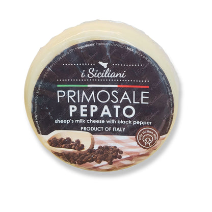 Italian Pecorino Primosale Pepato Aged Sheep Milk Cheese with Whole Black Peppercorns